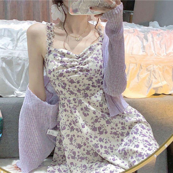Women's Floral Suspender Dress Set: Sweet & Spicy Summer Style with Short Skirt and Sun Protection Cardigan.