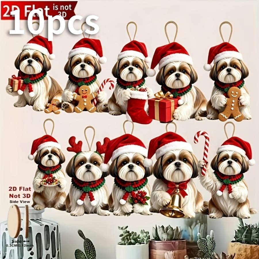 1/5/10/20/50/100pcs 2D Flat, Set of 10 Cute Shih Tzu Figurines to Hold Christmas Gifts, Christmas Tree Ornaments, Wooden Christm