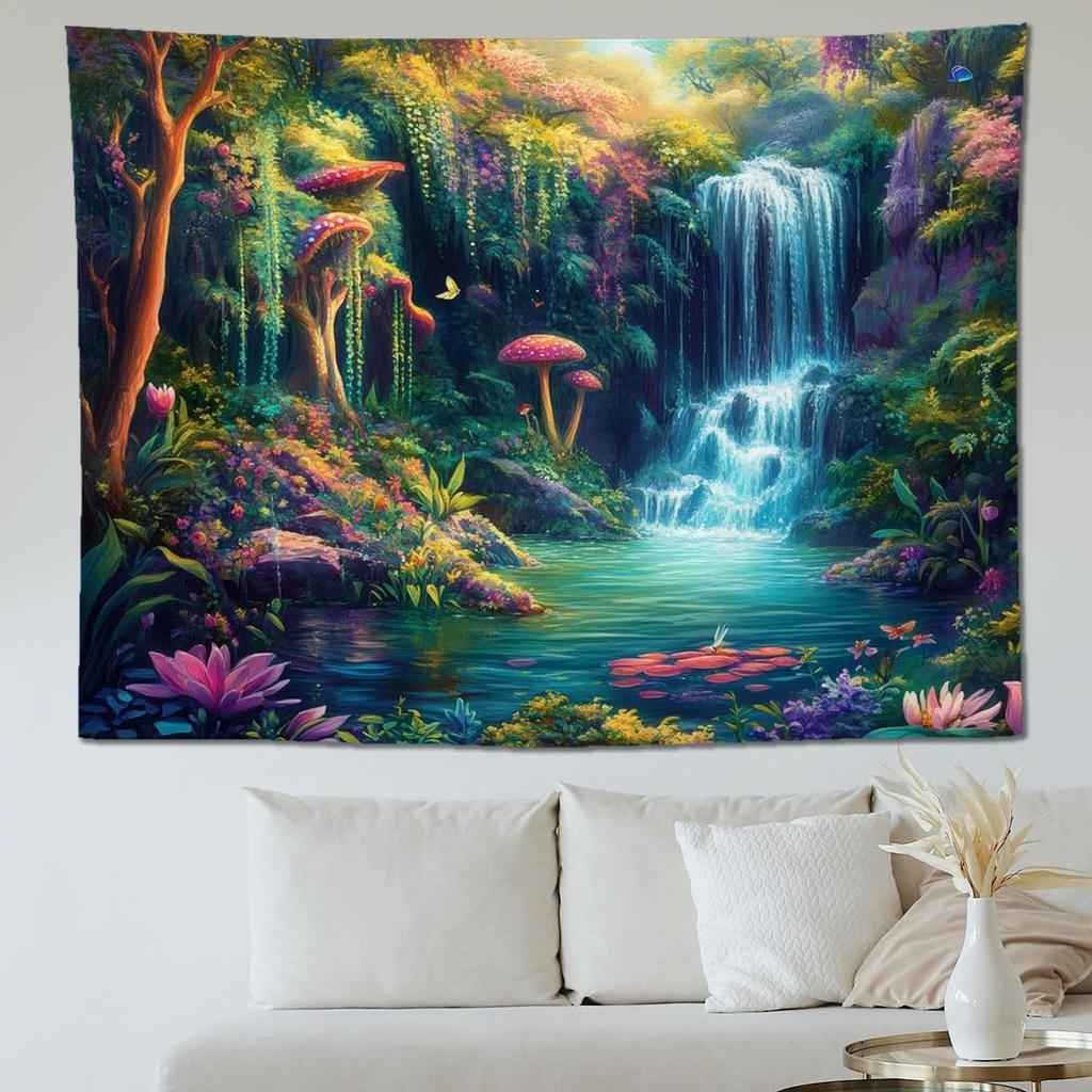 Forest Waterfall Tapestry with Mushrooms and Flowers Colorful Floral Plants Natural Landscape Wall Art Fantasy Aesthetic Wall