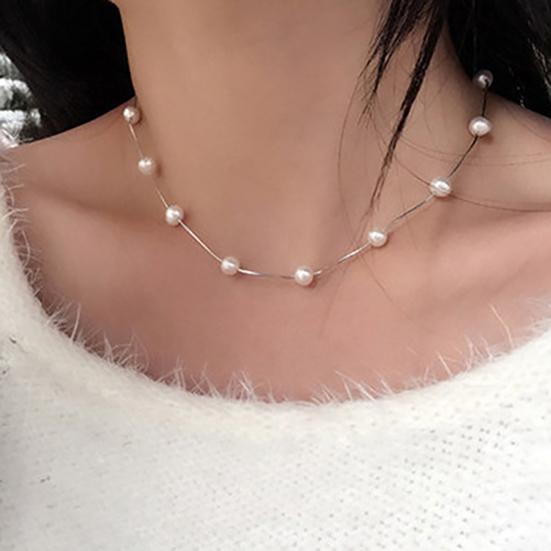 Necklace Single Layer Adjustable Alloy Women Faux Pearl Clavicle Chain for Wedding
