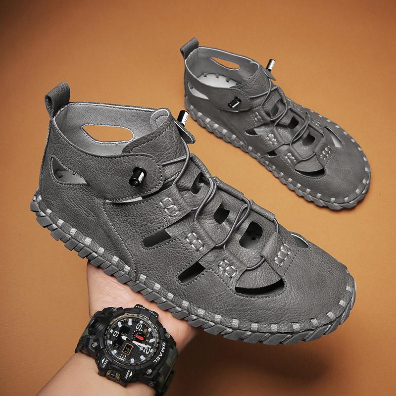 Fashion Summer Anti-collision Toe Men Sandals Casual Leather Roman Shoes Outdoor Man Beach Shoes High Top Ankle Boots Soft Summer Flats