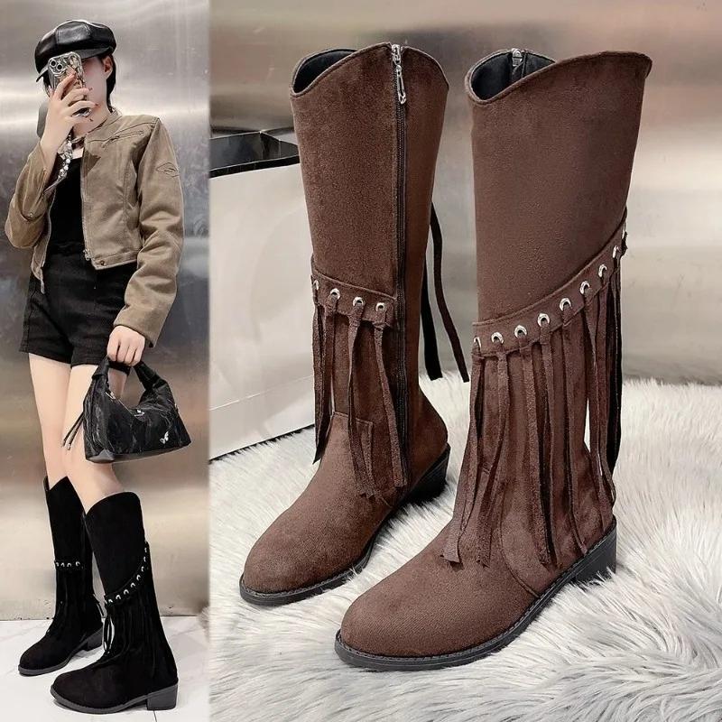Fashion Retro Chunky Heel Thigh Boots Fall/Winter 2025 New Fringed Knee-high Boots