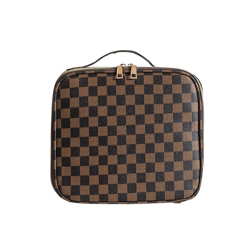 Винтажный ручной монограммный косметический органайзер: Вместительная, многофункциональная дорожная косметичка для макияжа и туалетных принадлежностей коричневый