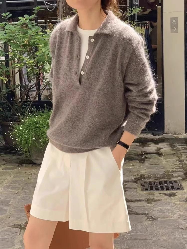 Women's Pure Wool Half-Open Collar Sweater - Autumn/Winter Knitwear, Loose Fit, Casual Style