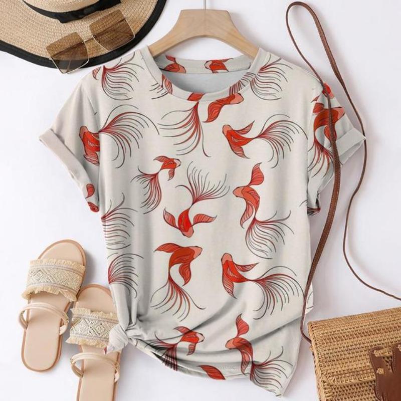 Tricouri cu imprimeu 3D de pește Koi de vară pentru femei, îmbrăcăminte de stradă, ocazional, Harajuku Y2k, tricou cu mânecă scurtă, tricouri cu gâtul în formă de tricou.