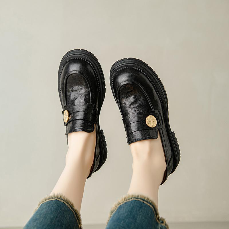 Cowhide version~ British style round head medium heel thick heel single shoes women's retro leather loafers versatile platform small leather shoes