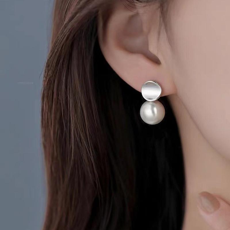 Real 925 Silver Frosted Round Pearl Stud Earrings For Women Classic Fine Jewelry Light Accessories In Summer