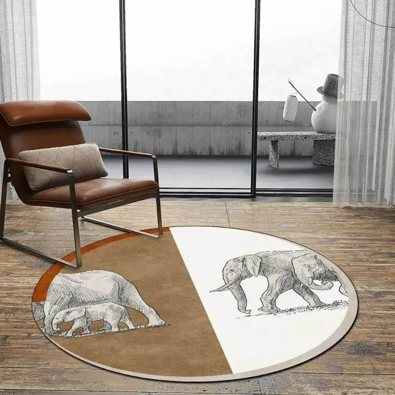 Lion Elephant Round Carpet Home Sofa Coffee Table Area Rugs Non Slip Floor Mat for Living Room Kitchen Bedroom Decor Washable