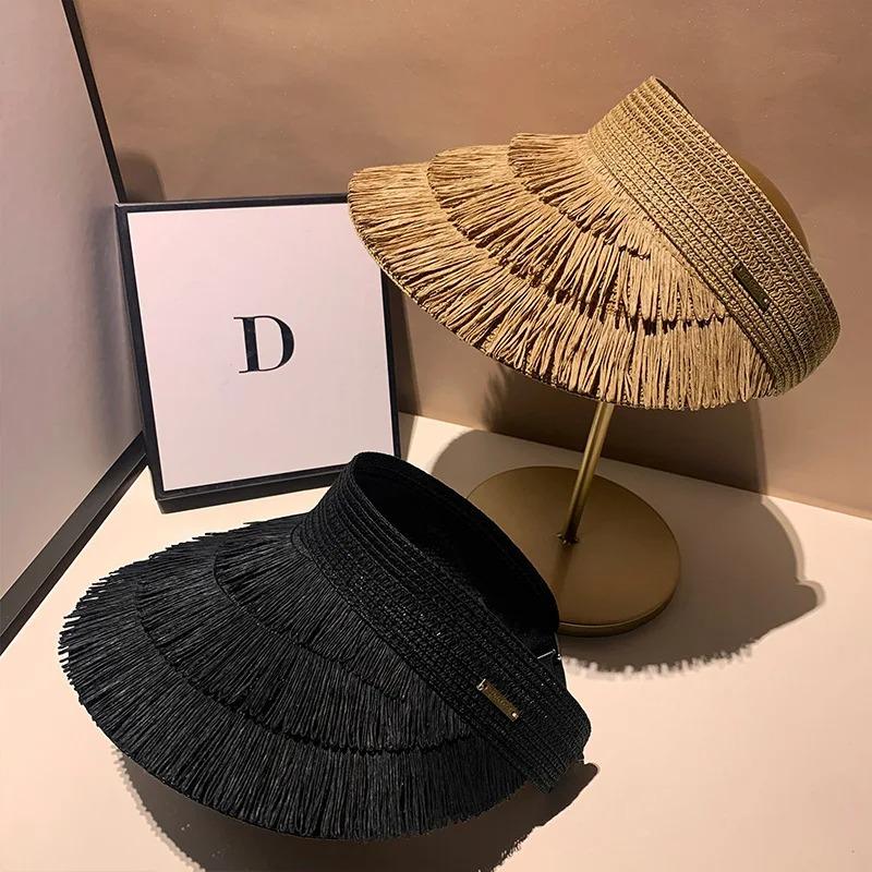 Designer Fashion Brand Sun Fringe Straw Hat Women'S Summer Empty Top Sun Hat Outdoor Parma Uv Protection Beach Sun Hat