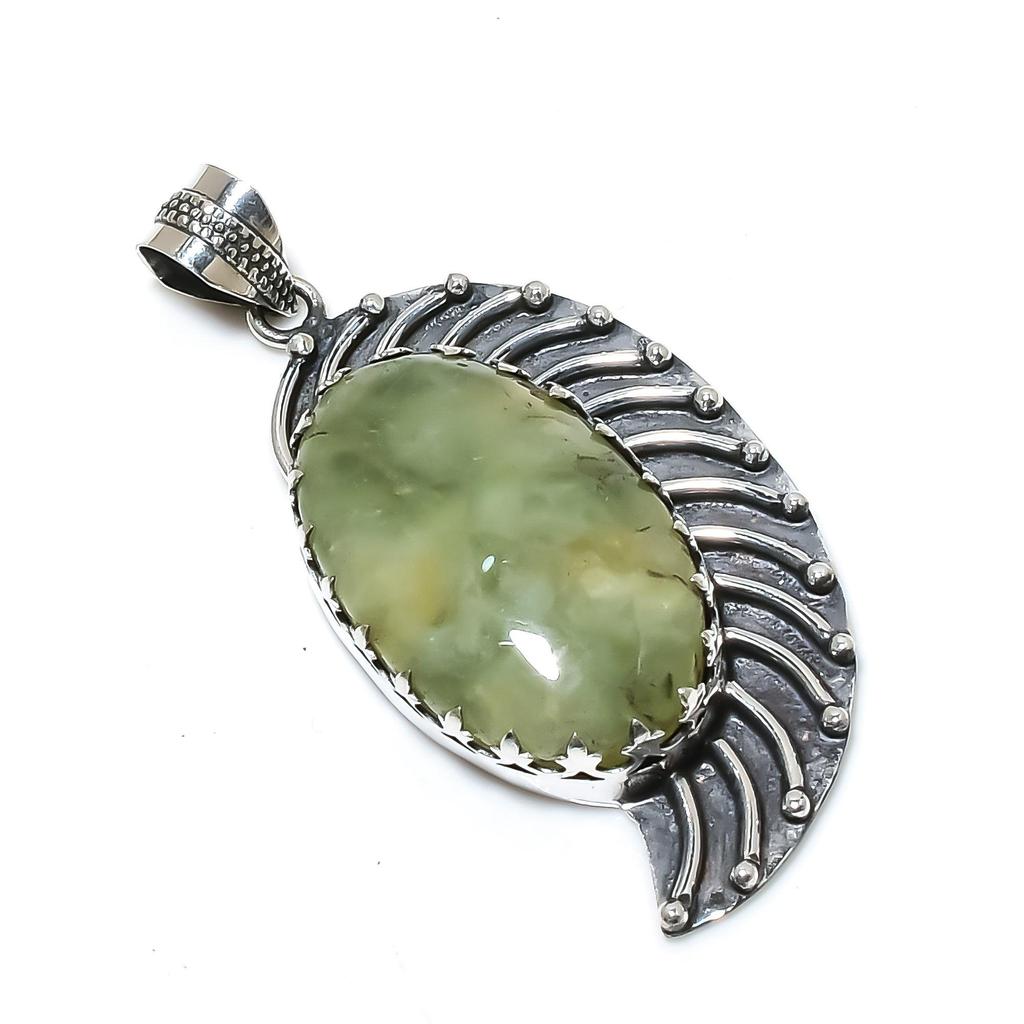 Natural Prehnite Gemstone Silver Pendant In 925 Sterling Silver- Handmade Design, Everyday Wear Jewelry, Unique Pendant Gift For Her