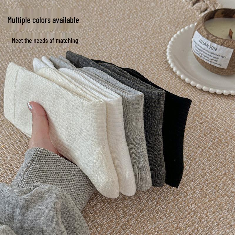 Women's Vertical Stripe Wool Socks: Thick, Warm, Simple, Solid Color, Versatile Japanese College Style, Mid-Calf Pile Socks for Autumn and Winter