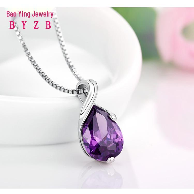 

Корейская мода Аметистовый кулон-капля Ожерелье, Посеребренная женская ключичная цепочка