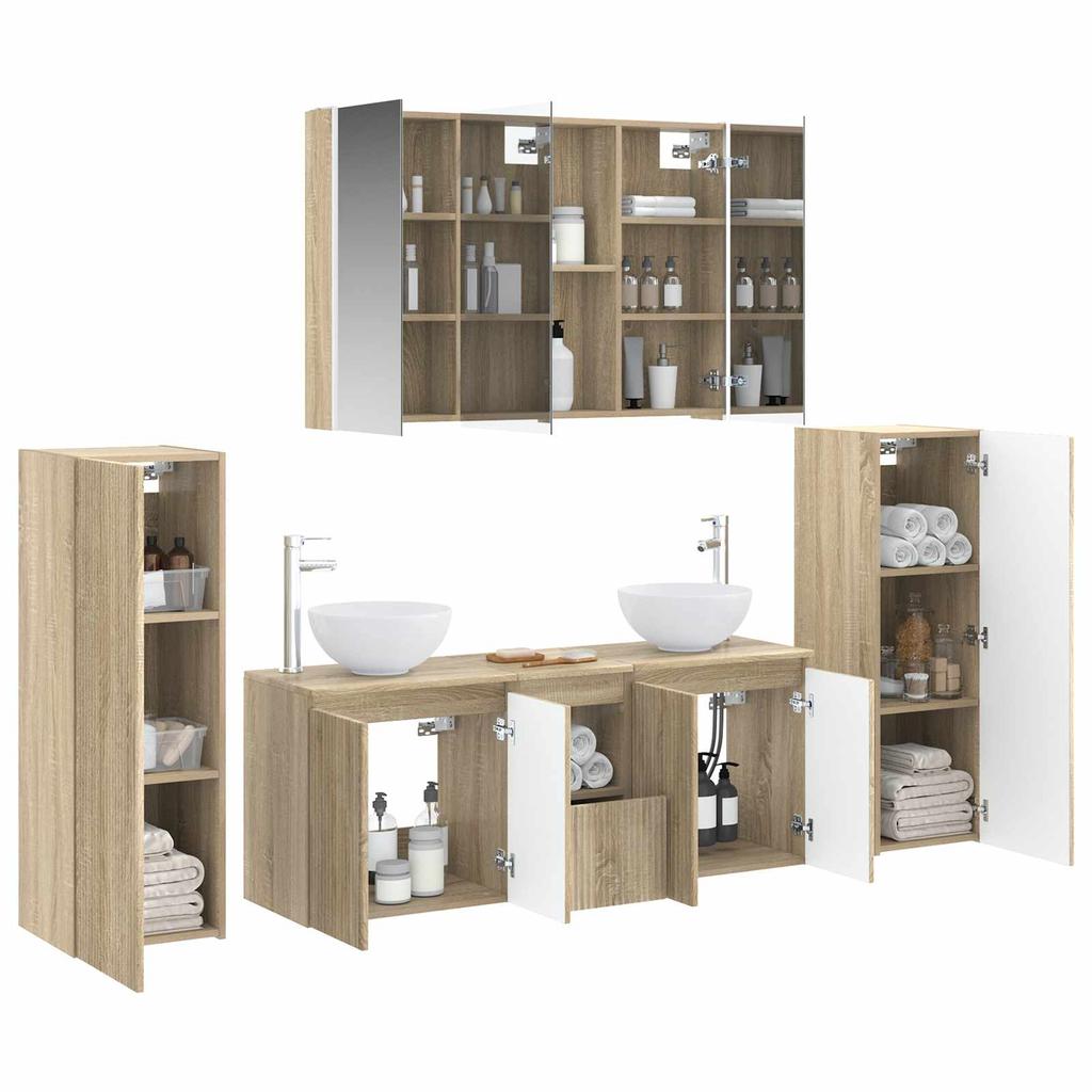 Bathroom Furniture Set 6 pcs Sonoma Oak Engineered Wood and Glass