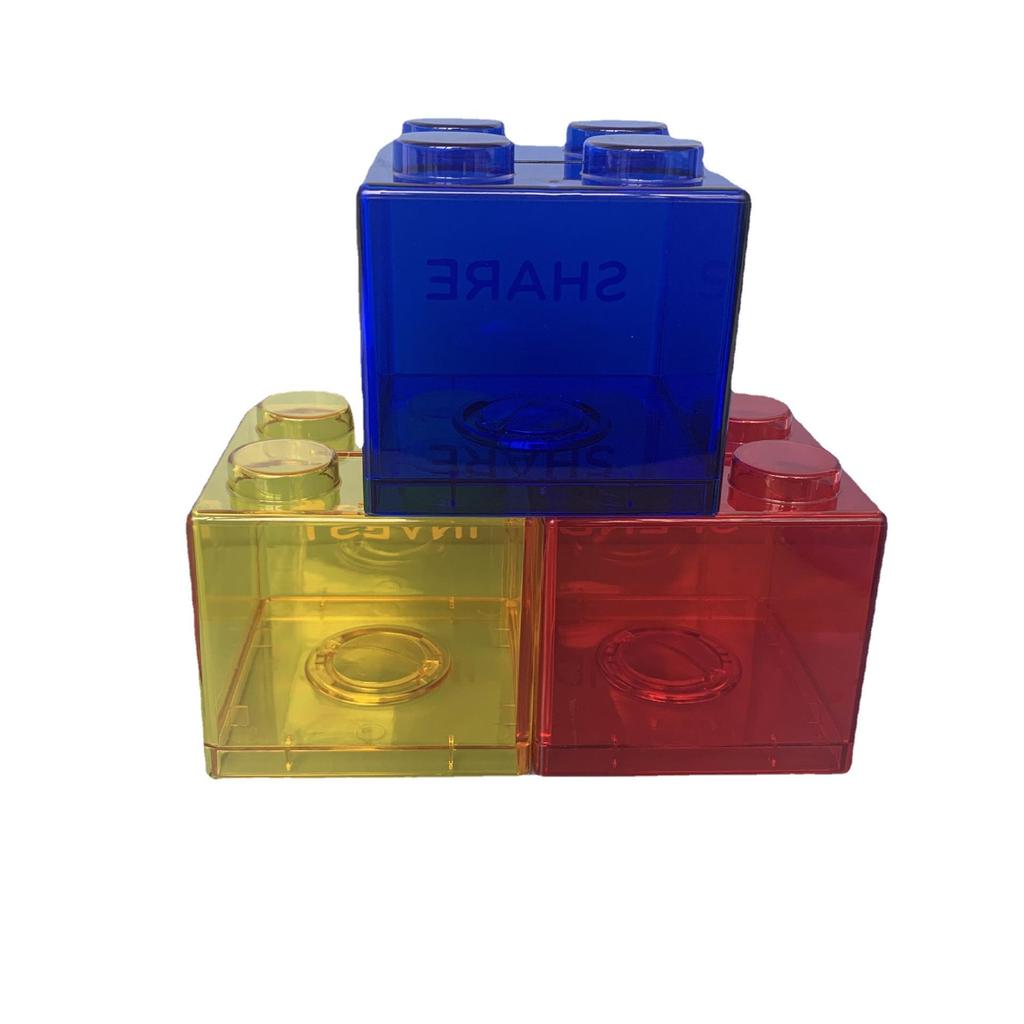 Available: Red, Yellow, Blue Building Block Piggy Bank - English Version, Transparent Money Coin Bank.
