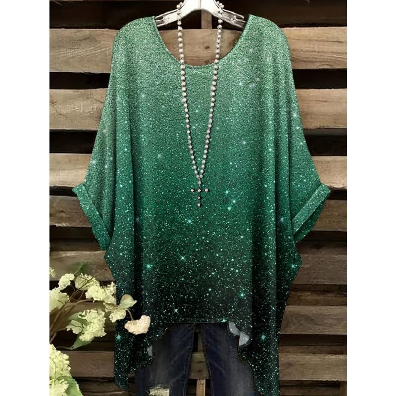 Damskie T-shirty Letnie Gradientowe Sequin Graficzne Topy Dekolt O-neck Damska Odzież Vintage Kwiatowy Nadruk Koszulki Luźne Oversize