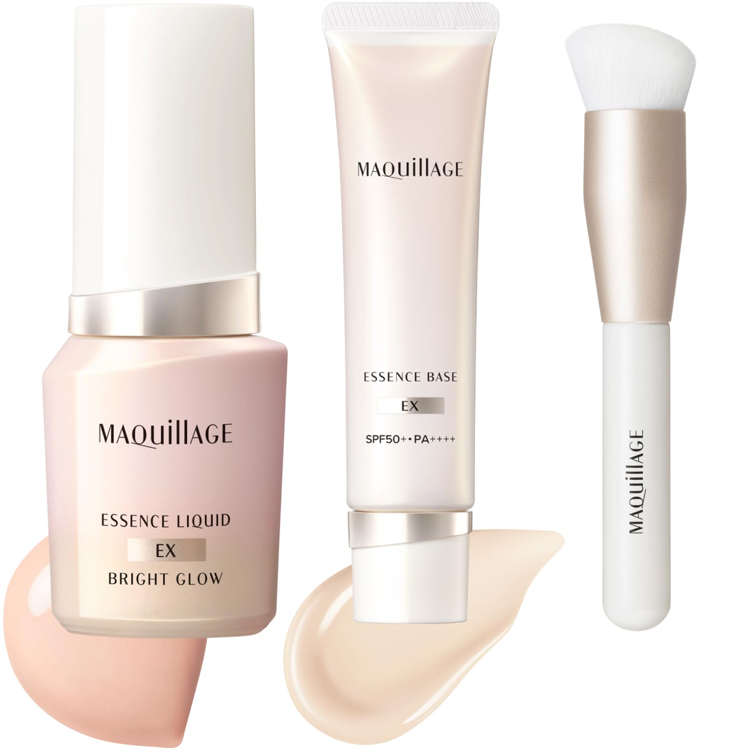 Maquillage Base Makeup Kit Essence Liquid EX Bright Glow Coral Pink 15 24mL SPF30PA+++ + Pure Ivory SPF50+PA++++ Original Brush Foundation Cream White