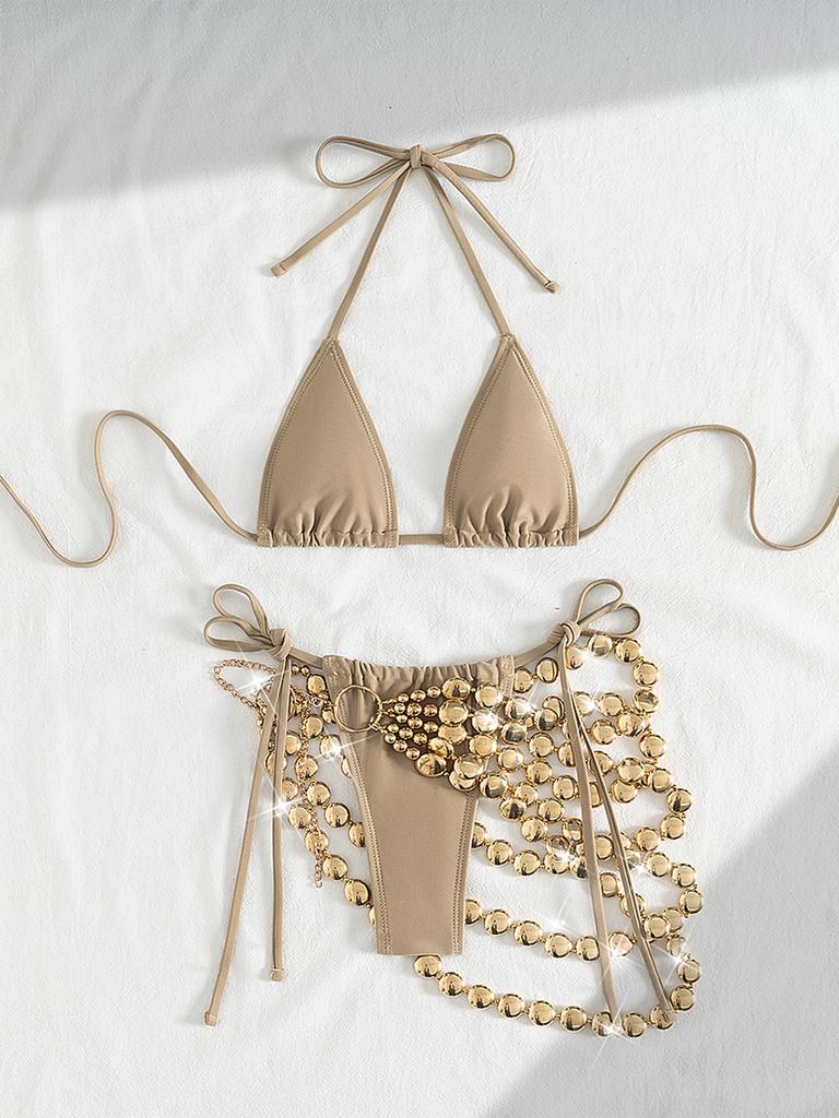 New Khaki Bikini Set 2025 Women Hollow Out Chain Skirt 3 Piece Swimsuit Beach Bathing Suit Push Up Holiday Swimwear Biquini
