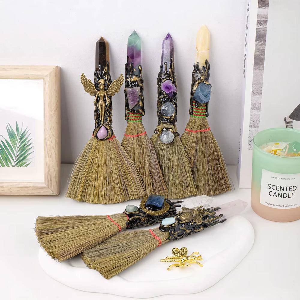 Charm Natural Crystal Column Point Stone Broom Handmade Mini Witch Broom Ornaments Rough Stone Broom Craft Desktop