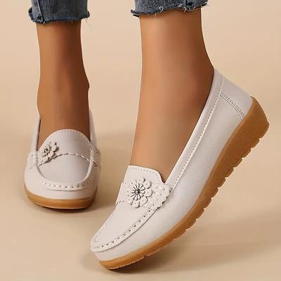 Dámské ploché mokasíny s květinovým dekorem, ležérní jednobarevné slip-on boty, lehké a pohodlné boty