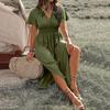 Women's Sexy V Neck Wrap Waist Maxi Dress A Line Side Slit Solid Color Casual Summer Long Dress Comfortable Sleeve Fashion