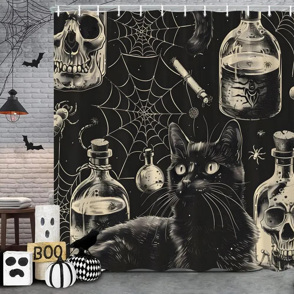 Spooky Horror Halloween Skeleton Crow Shower Curtain Black Bat Black Cat Polyester Fabric Bath Curtain Bathroom Decor With Hooks