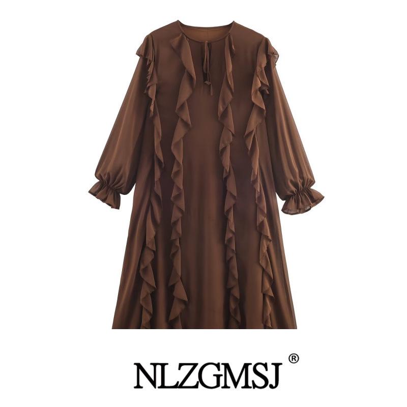 

European Style Ruffle Trim Long Sleeve Dress, Winter 2025 Collection L коричневий