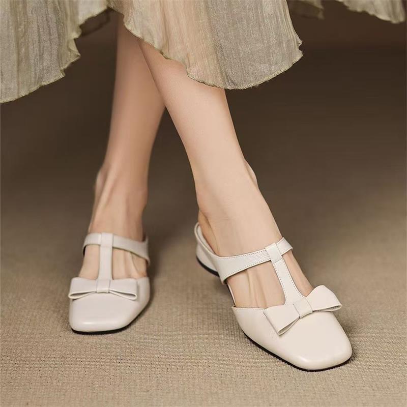 Fashion Summer Style of Square-toed Low-heeled One-legged Women Slippers Fashion Claquettes Femmes Luxe Sandals Women Leather Flip Flops