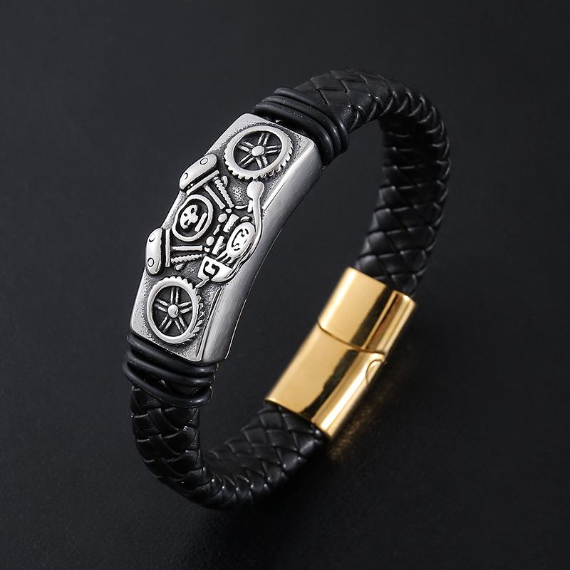 Punk Classic Gothic Vintage Motorcycle Leather Braided Stainless Steel Fashion Jewelry Bracelet for Men Magnetic Clasp