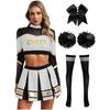 Damen Cheerleading Performance Tanz Outfit Langarm Stehkragen Strass Crop Top Faltenrock Haargummi Set