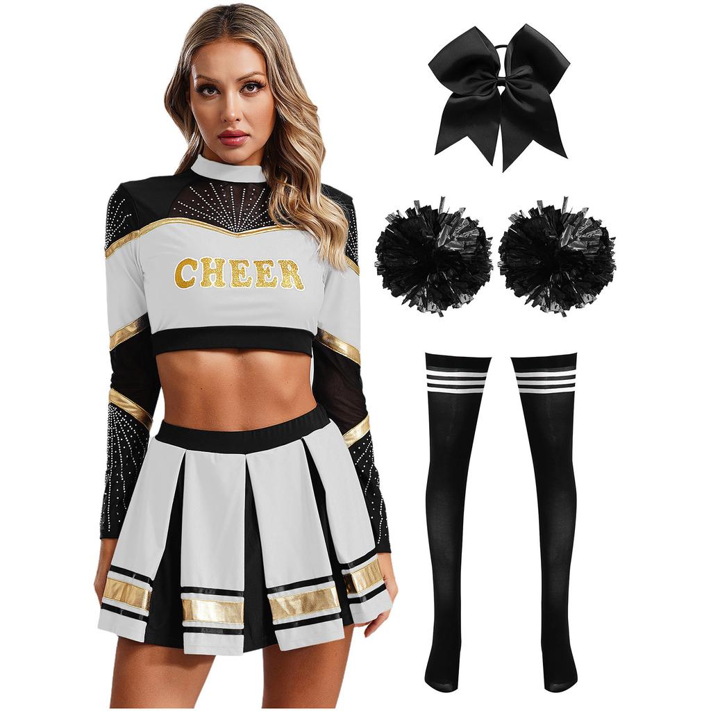 Damen Cheerleading Performance Tanz Outfit Langarm Stehkragen Strass Crop Top Faltenrock Haargummi Set