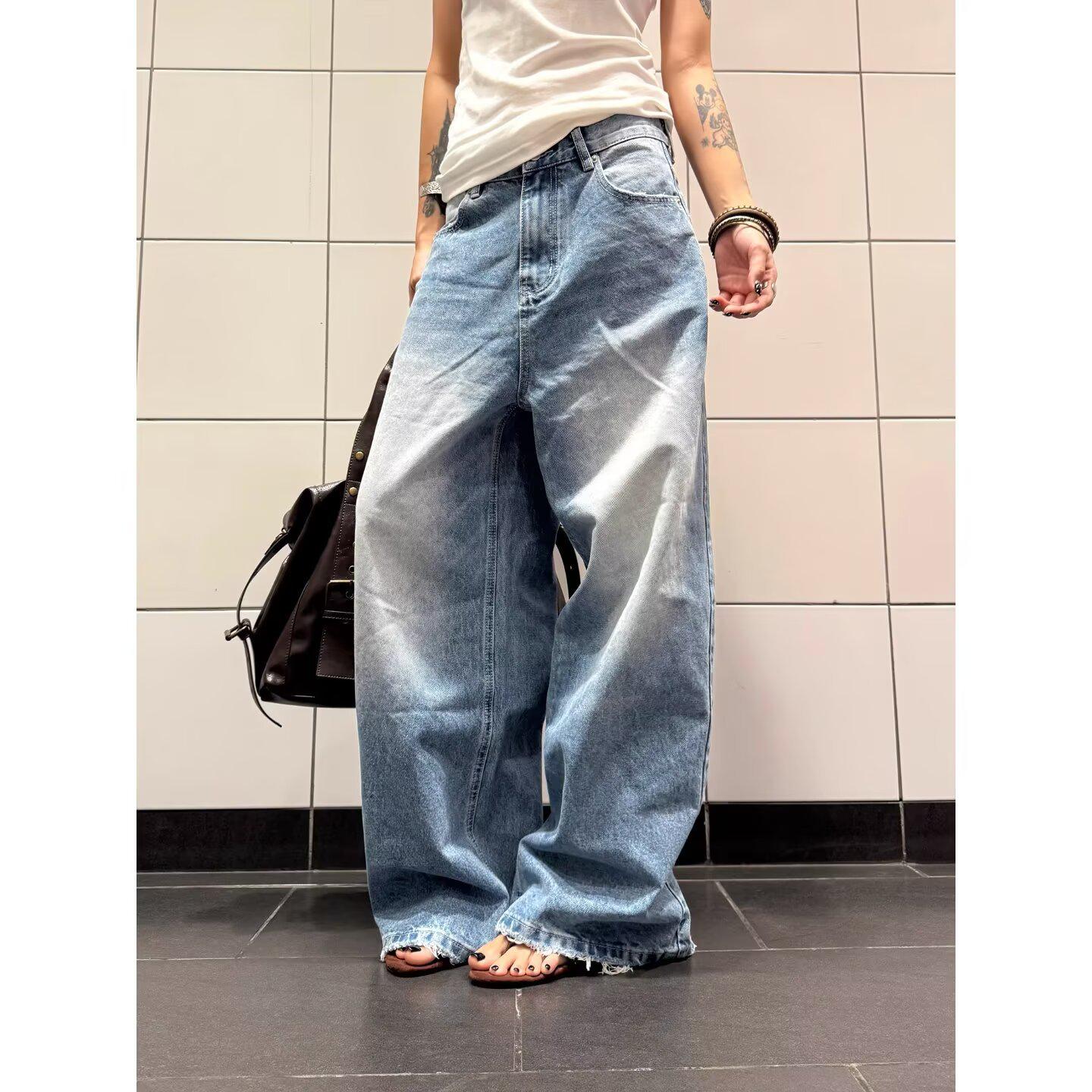 Plus Size Women s Retro Washed Wide-Leg Jeans - Summer Street Style, Loose Fit, Floor-Length XL синий