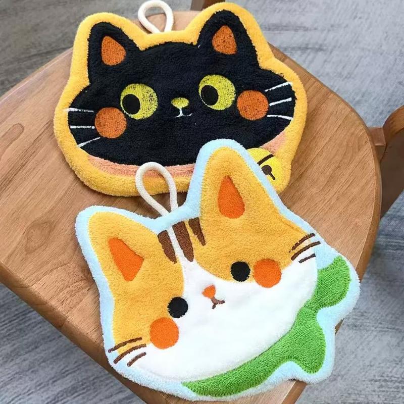 Çizgi Film Mercan Kadife Mutfak El Havlusu Kawaii Kedi El Silme Temizlik Bezi Banyo Asma Havlusu Emici Temiz Bez