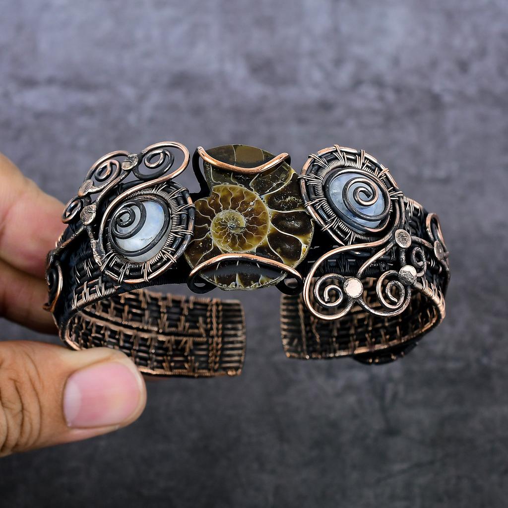 Ammonite Fossil Handmade Copper Wire Wrap Cuff Bangle Adjustable u2V33