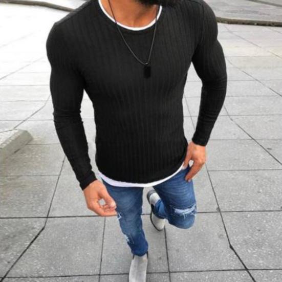 Fashion Men Round Neck Long Sleeve Patchwork Slim Knitted Sweater Pullover Top