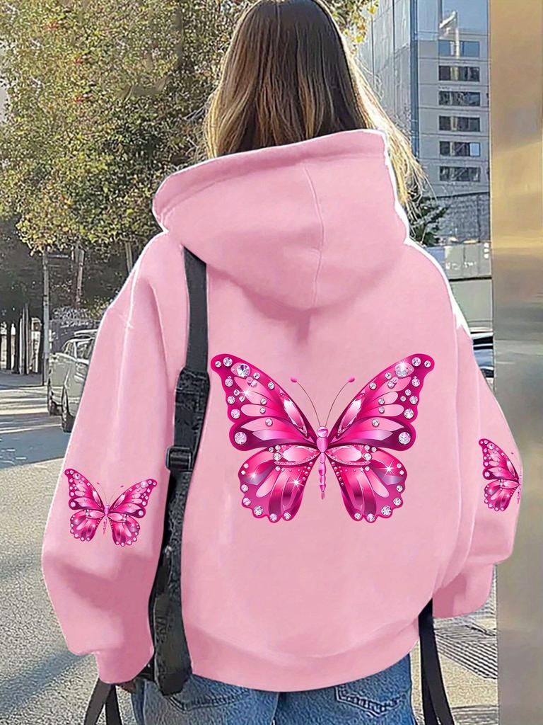 Women Butterfly Print Hoodie Unisex Autumn Winter Hooded Everyday Outdoors Hoodie for Any Occasion