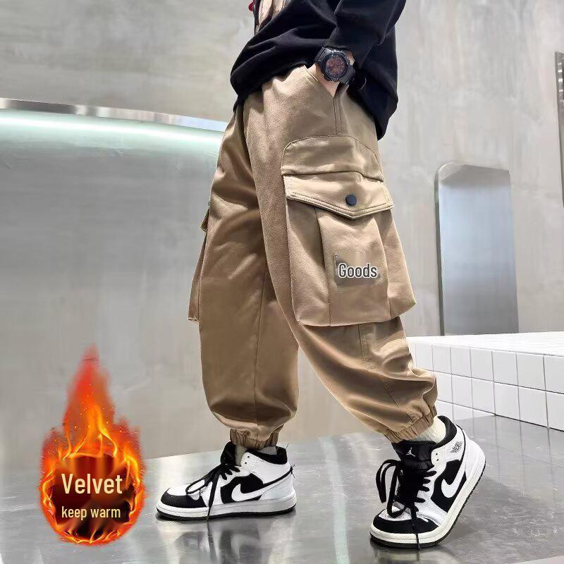 Boys' Winter 2025 Overalls: Medium & Large Kids' Velvet-Lined Streetwear Pants for Spring & Autumn