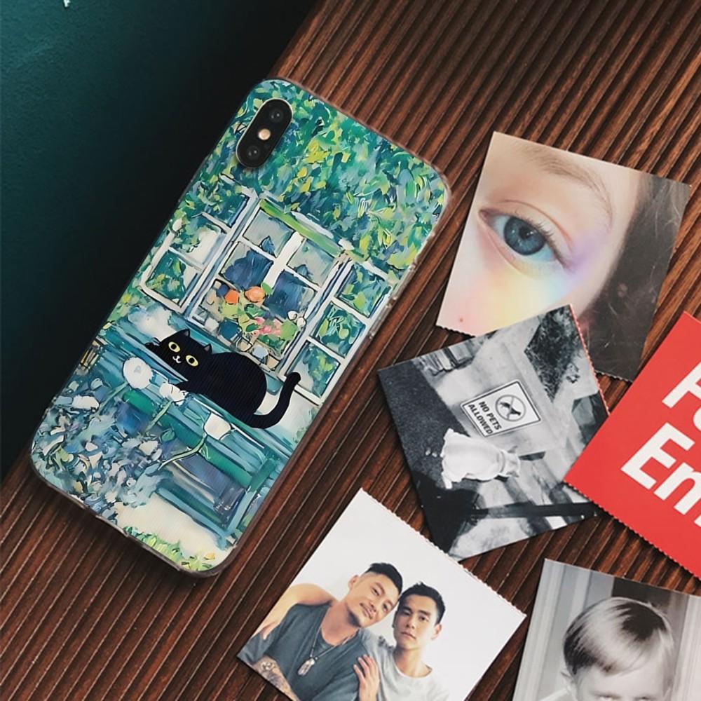 Cartoon Animal Black Cat Oil Painting Phone Case For IPhone 16 15 14 13 12 Mini 11 Pro XS Max X XR SE 6 7 8 Plus Silicone Cover