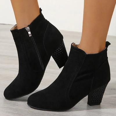 Modische Stiefeletten mit quadratischem Absatz und Kristallen für Damen im Herbst und Winter, runde Zehenpartie, schwarze Stiefel mit Absatz, kurze Stiefel für Damen