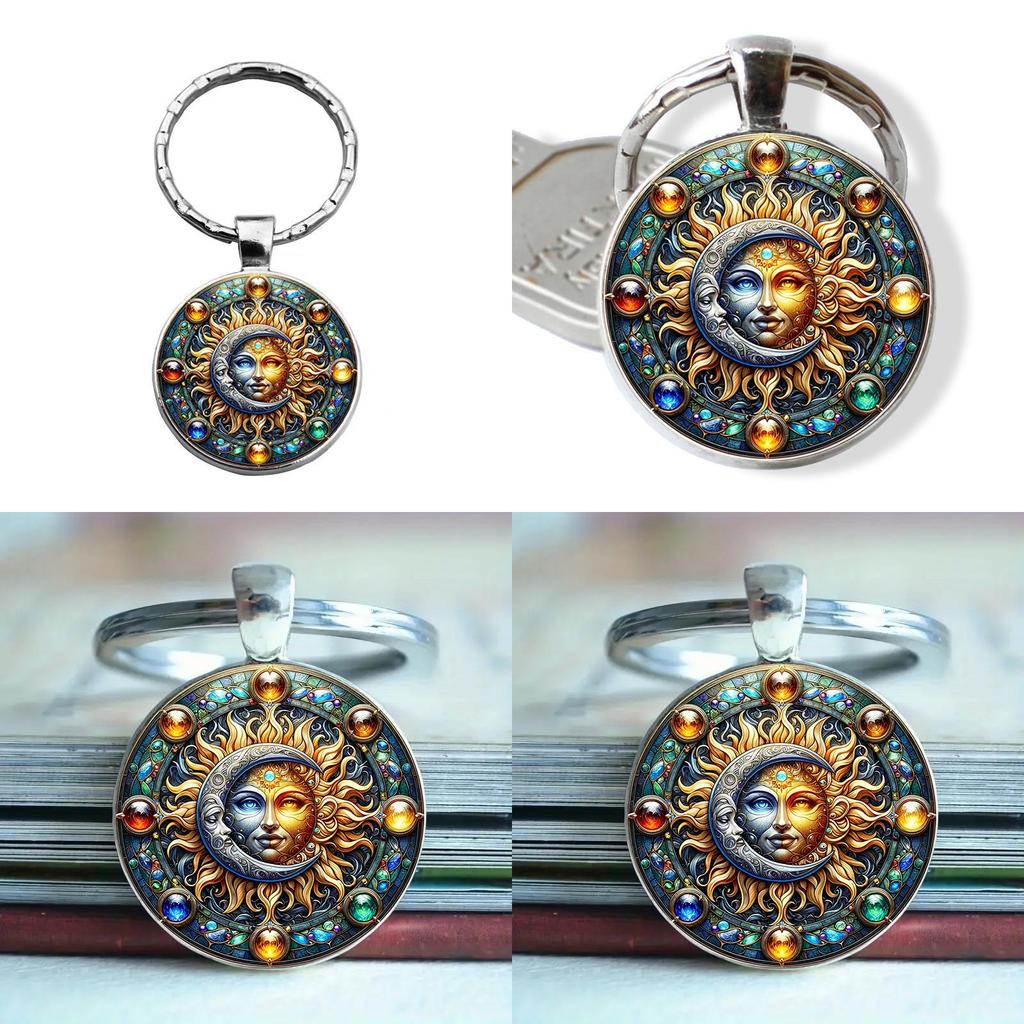 Sun Moon Pattern Glass Keychain Cute Pendant For Gift Giving And Daily Use