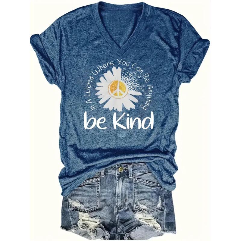 Summer V-neck 3D Flower Pattern Printed Top Fashionable Casual Short Sleeved Women's T-shirts