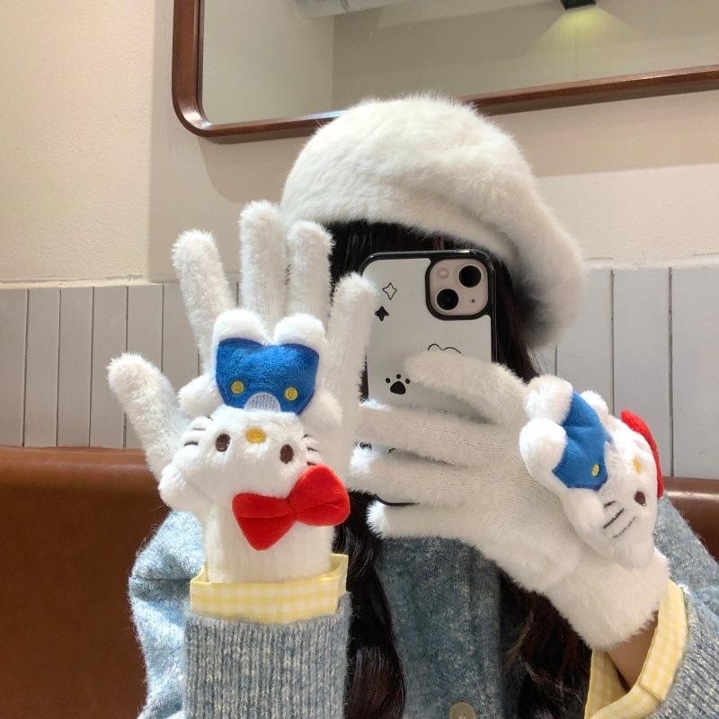 Cute Cartoon Plush Gloves Female Winter Warm Thickened Student Riding Touch Screen Split-finger Gloves Three-dimensional
