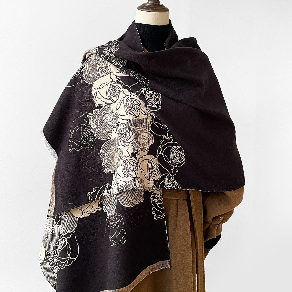 New camellia jacquard imitation cashmere scarf female tassel high-end red shawl gift scarf