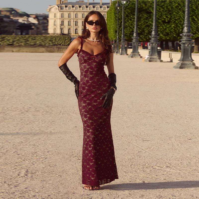 Women Sexy Lace Patchwork High Waist Bodycon Camisole Long Dress For Women