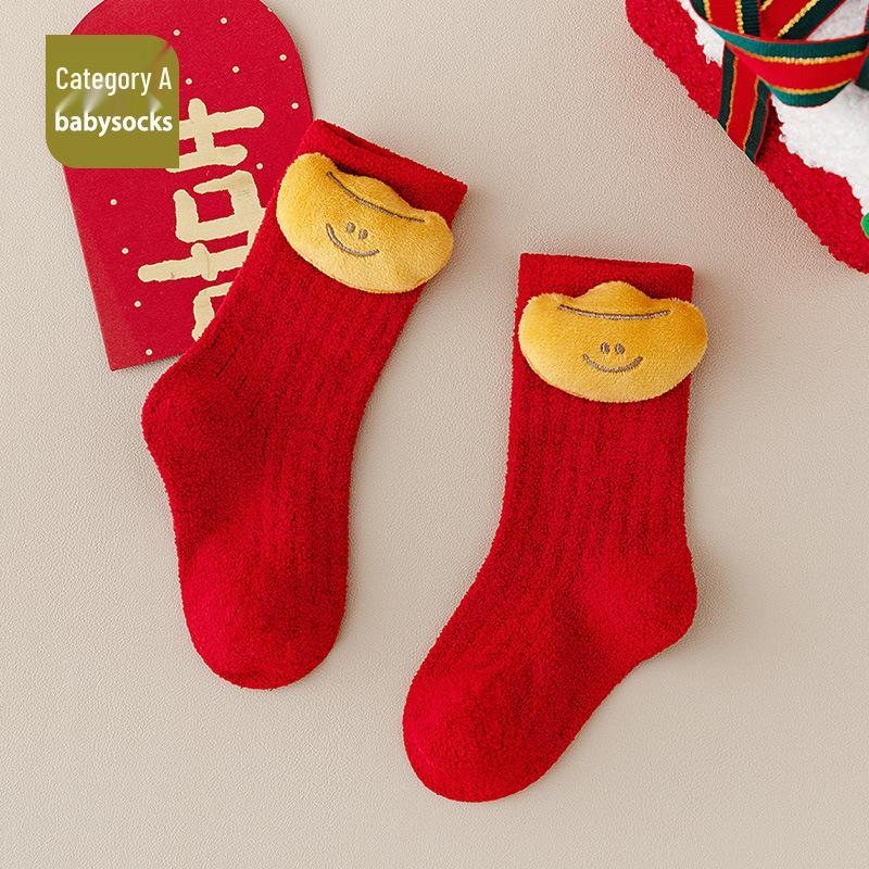 Velvet Lined Warm Red Horse Year Socks for Baby's First Birthday