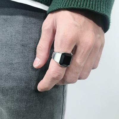 Fashionable Retro Domineering Men's Simple Square Black Agate Punk Hip-hop Street Silver Ring
