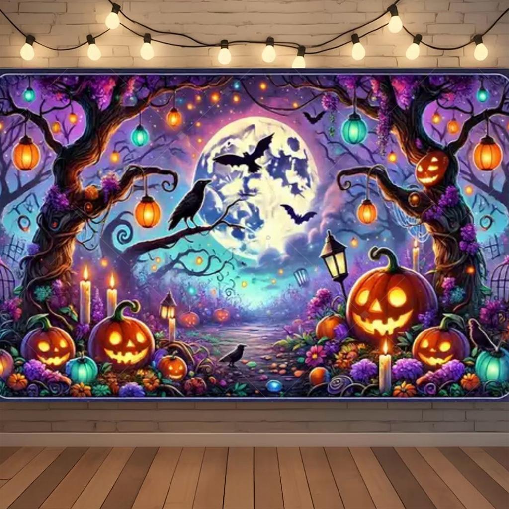 Happy Halloween Backdrop Neon Pumpkin Bat Skull Cemetery Photography Background Halloween Party Photo Booth Decor Banner Gift497