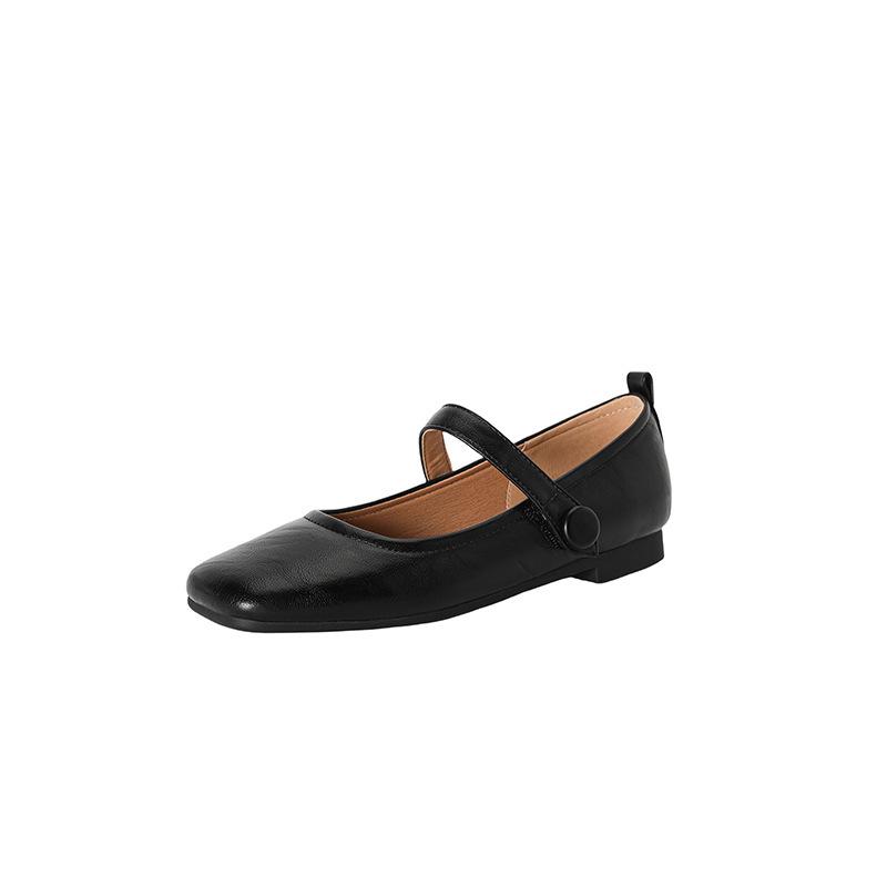 New low-heeled flat shoes, black women's single shoes, casual square heel, four-season shoes, shallow mouth one-pedal leather shoes, women's low heel