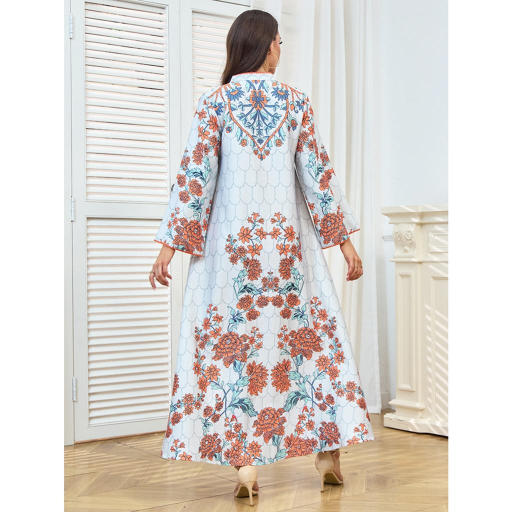 Casual Maxi Dress V-Neck Floral High-Def Print Loose Fit Multi-Size