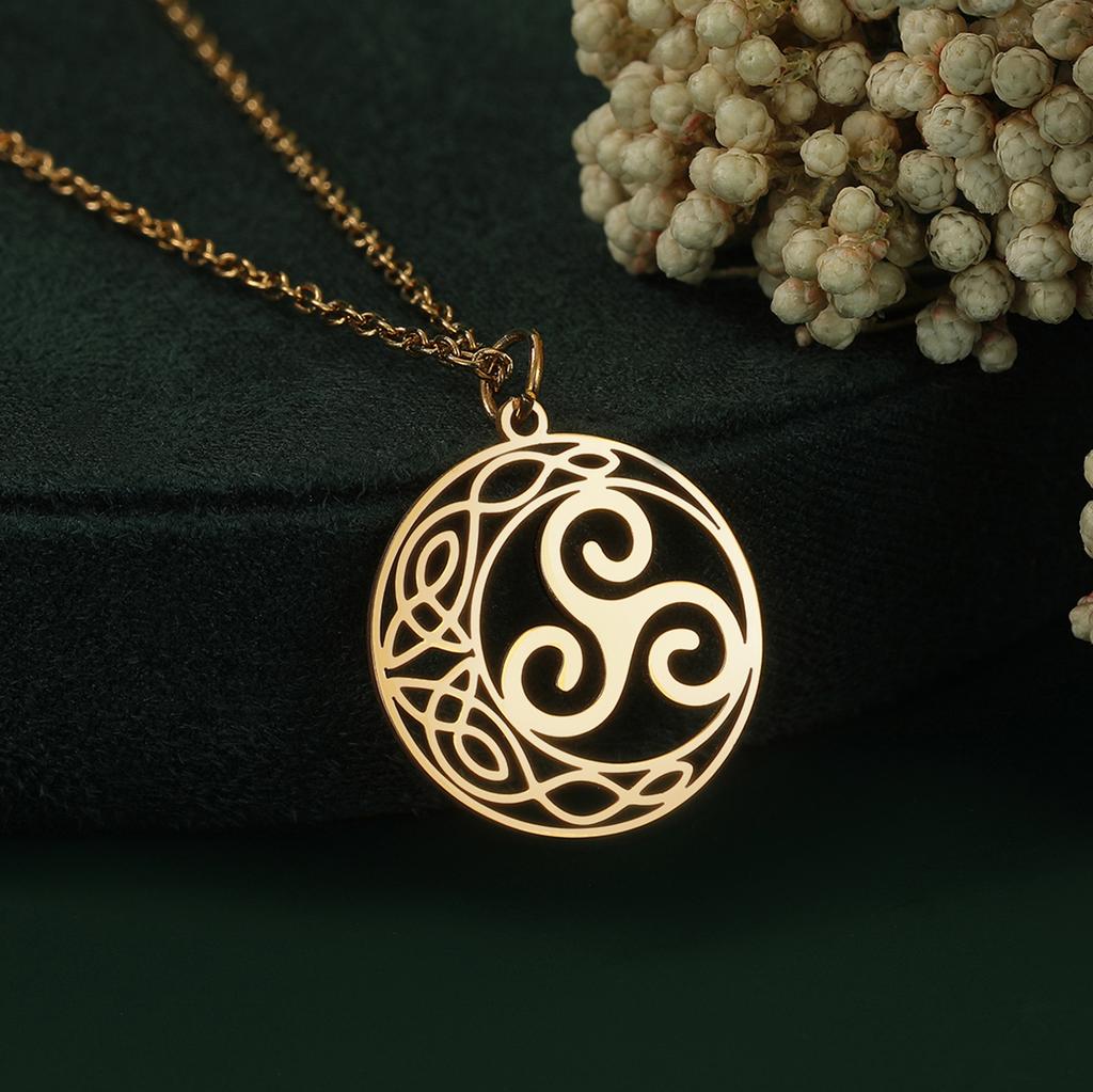 Kinitial Crescent Moon Triple Spiral Trinity Knot Pendant Necklace Women Stainless Steel Jewelry Celtic Triskele