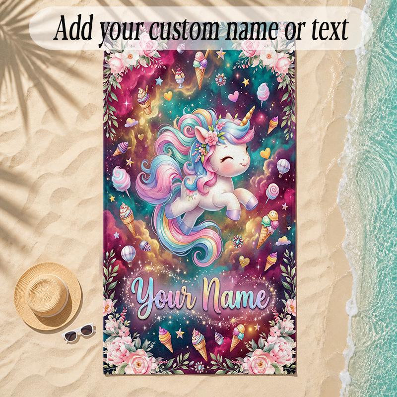Unicorn Theme Soft Beach Towel Personalized Custom Name Text Towel Portable for Beach Pool Travel